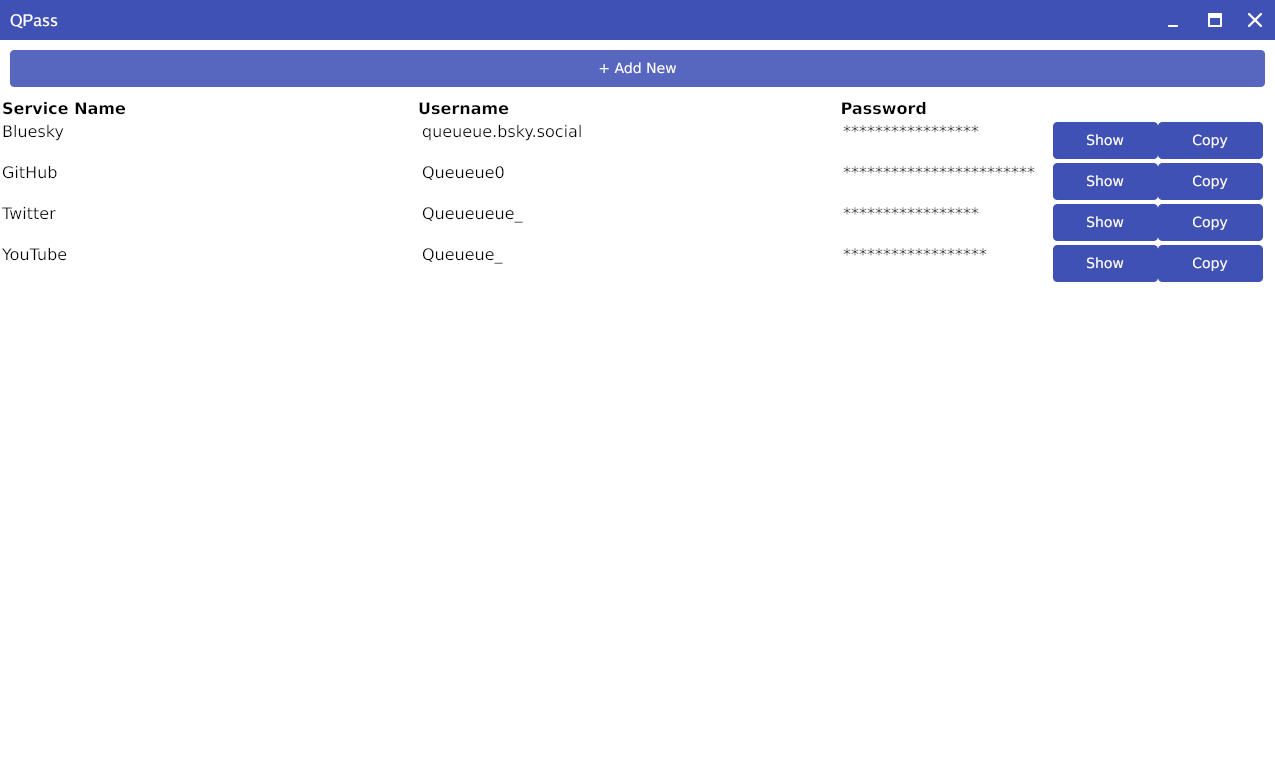 Main view of QPass with passwords arranged in a table-like fashion